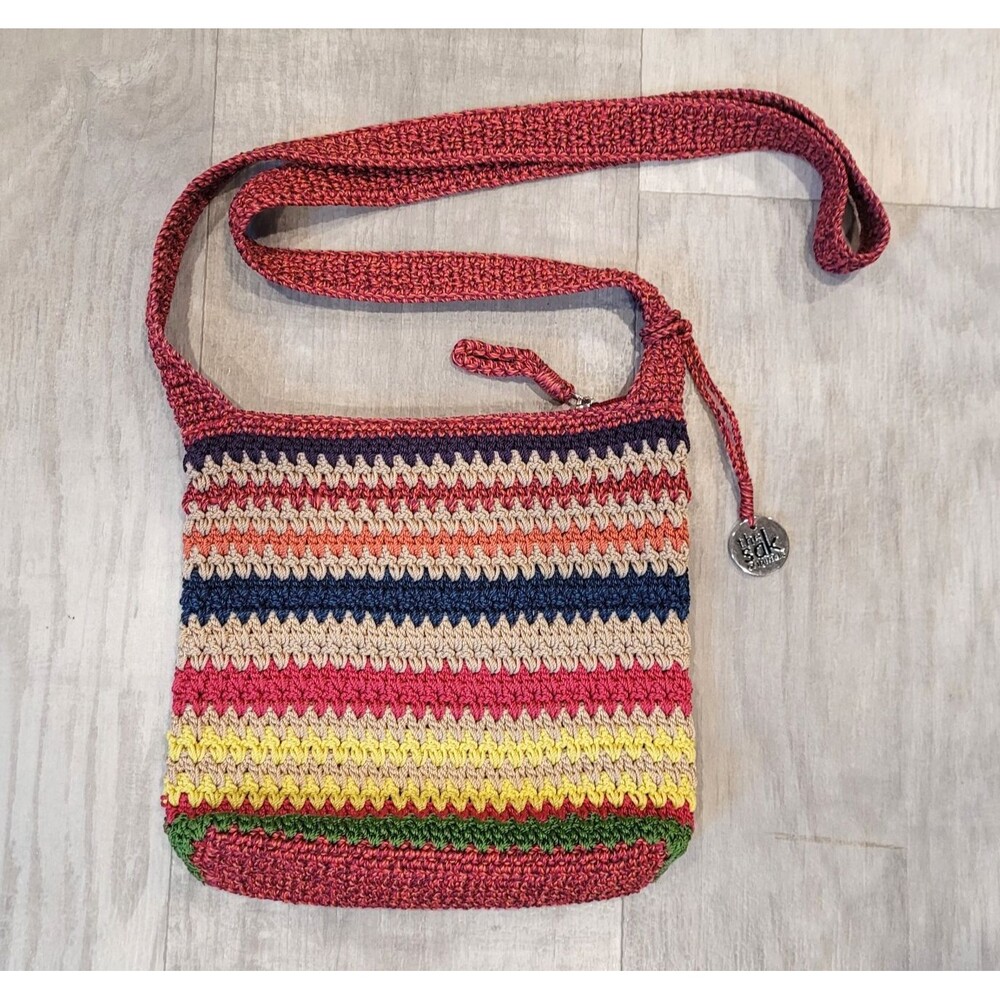The Sak Rainbow Stripe Crochet Crossbody Bag Boho Multicolor Purse Zip Closure